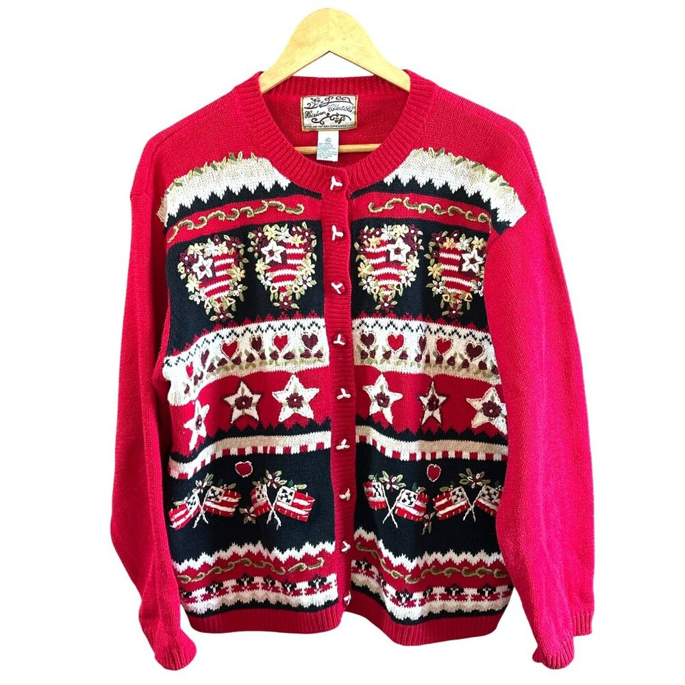 Vintage Heirloom Collectible Red Black Christmas Valentines Cardigan Sweater XL